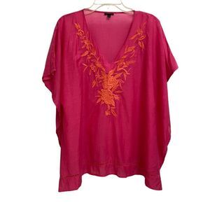 Talbots Women's Floral Embroidered Top Blouse Size XS Pink Orange Boho Beachy